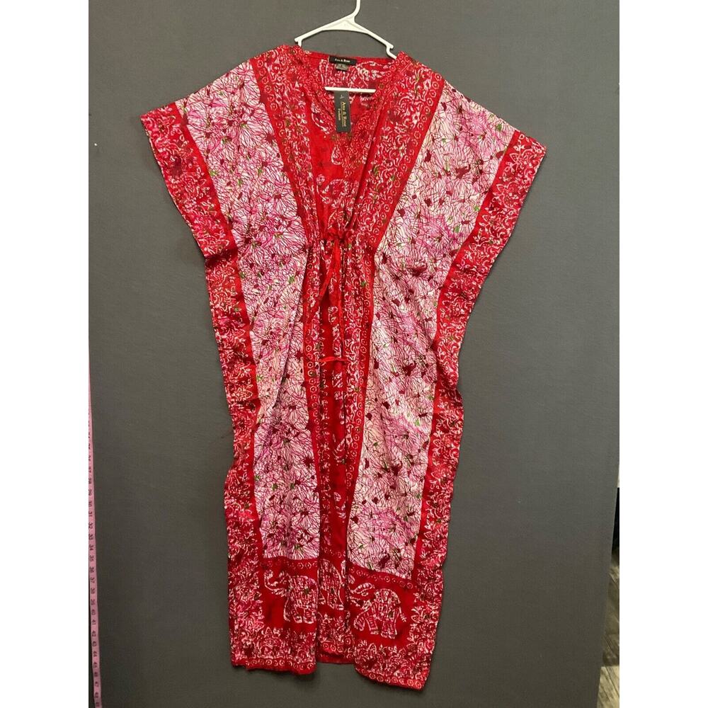 Ana & Rose Dress Kimono Caftan OS Red Boho Elephant‎ Paisley Cover Up Beach Wear